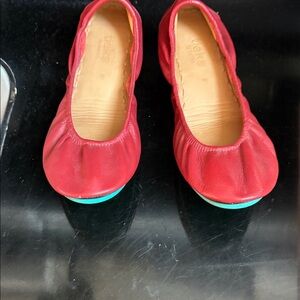 Tieks Red Leather Ballet Flats with Teal Accent